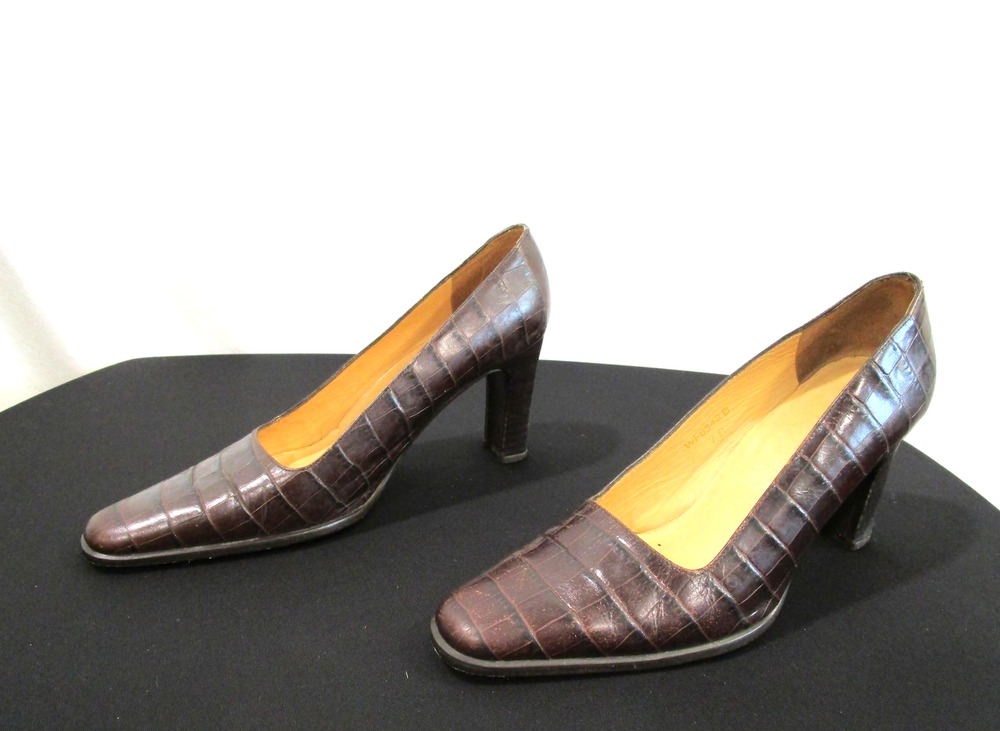VTG Ralph Lauren Brown Leather Croc Embossed Pumps High Heels Women 7 B